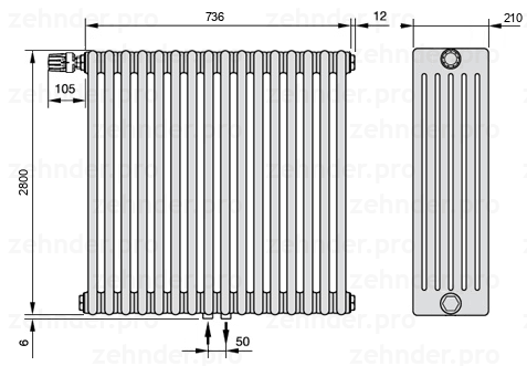 Схема (чертеж) Радиатор Zehnder Charleston 6280/16 №V007 Белый глянцевый RAL 9016